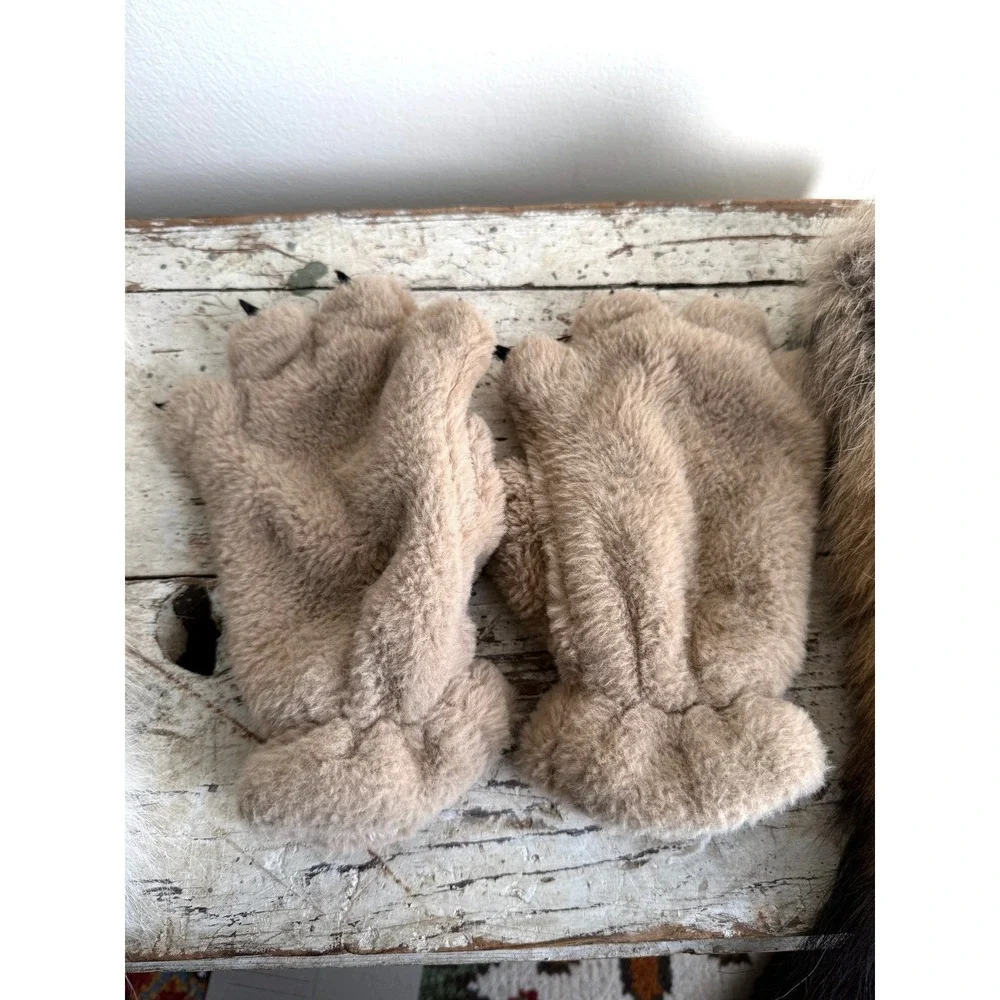 Kids Paw Mittens and Real Fur Tail Set Tan Brown White Cosplay Costume Furries